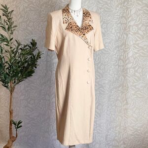 Vintage 90s Bahari Group Beige Blazer Dress Cheetah Print Collar Grunge Size 10